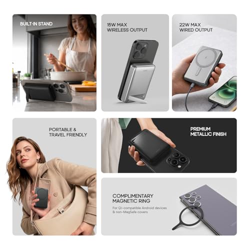Image of Noise 10000mAh MagSafe Wireless Power Bank: Built-in Stand, Metallic Finish, Upto 15W Wireless & 22W Wired Output, For iPhone 12 & above, Android (Qi-Compatible) + Magnetic Ring (Black)