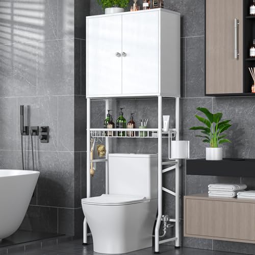 Over The Toilet Storage Cabinet - 2-Door Design Bathroom Organizers Shelf, Freestanding Space-Saver...