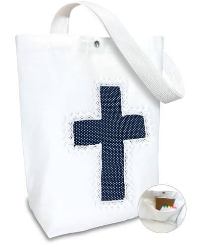 Image of Christian Tote Bag Gift for Women, Canvas Bible Bag Handmade Floral Cross | Christian faith-inspired gift, handcrafted cross with lace, inner pocket, snap closure, bottom gusset, church Bible study use