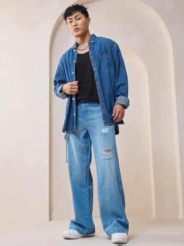 Image of Bewakoof Men Mid Rise 100% Cotton Solid Straight Fit Jeans|Straight Fit Jeans - Regular Fit | Classic Denim Pants | Everyday Casual