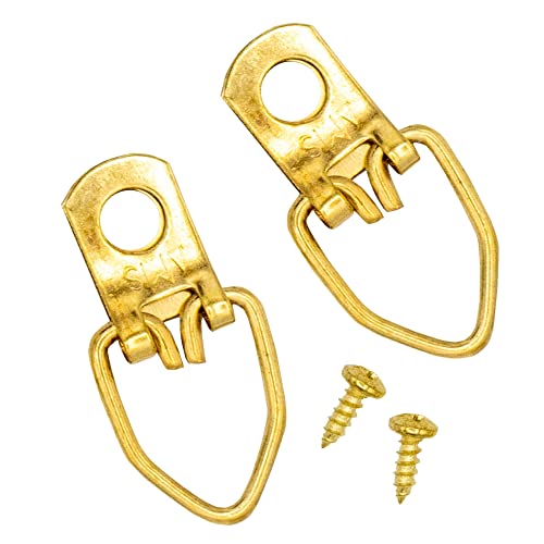 Image of 1 Hole Brass-Plated Heavy Duty D Ring Picture Hanger - Pack of 100 with Screws for Picture Frames & Mirrors