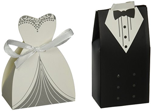 OliaDesign Wedding Party Creative Tuxedo Dress Groom Bridal Candy Gift Box with Ribbon, 50 Pairs