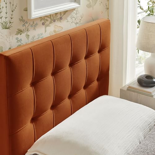 Image of Modway Lily Twin Size Stain-Resistant Performance Velvet Headboard in Rust - Velvet Upholstery with Button Tufting and 4 Adjustable Height Positions