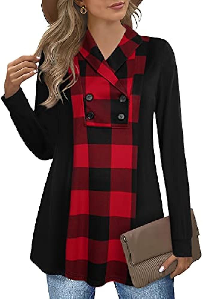 Bebonnie Womens Long Sleeve Casual V Neck Sweatshirts Pullover Tunic Tops with Buttons