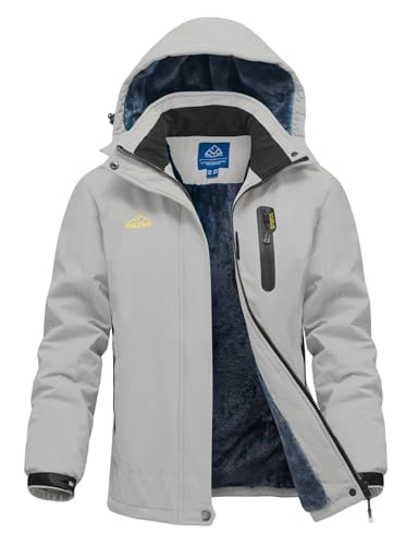 donhobo Damen Outdoor Winterjacke Winddichte Wasserdicht Softshell Jacke Warm Fleece Skijacke Funktionsjacke mit Abnehmbarer Kapuze, Hellgrau, XXL