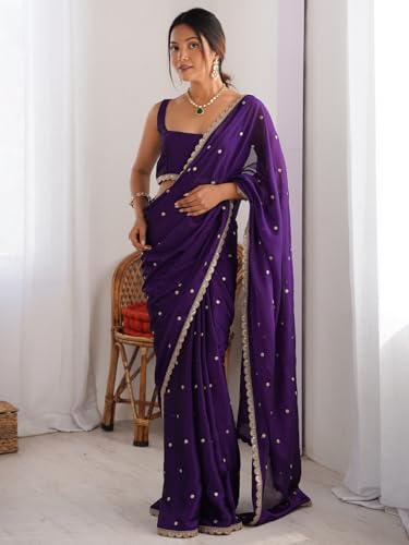 Image of AKHILAM Women's Pure Georgette Embroidered Saree With Unstitched Blouse Piece