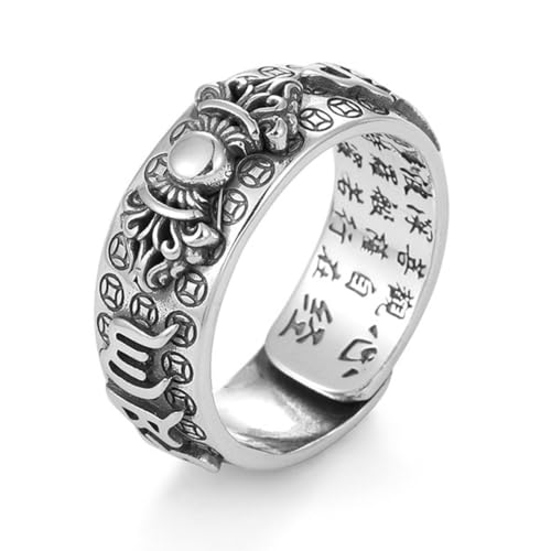 qczoyp Adjustable Pixiu Ring with Heart Sutra Mantra, Silver Plated Copper Ring for Men, Vintage Feng Shui Style Chinese Jewelry (Vajra, Silver)