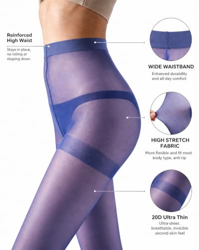 Image of HA WA 3 Pairs Women 20D Sheer Tights Control Top Pantyhose Reinforced Toe