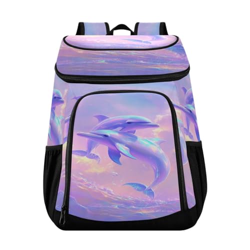 Dolphin Ocean Bubbles Purple Cooler Backpack Leakproof Insulated Lunch Cooler Bag 30 Cans Camping Backpacks for Men Women