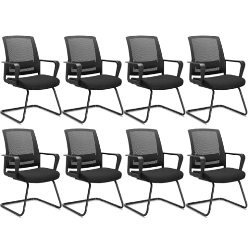 Image of CLATINA Office Guest Chair with Sled Base and Lumbar Support, Ergonomic Mid-Back Mesh Chair Without Wheels, Executive Reception Chair for School Church Conference Wait Room, Black (8 Pack)