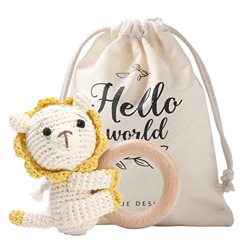Mamimami Home Babyrassel Spielzeug Häkeln Beißring Holz Greifling Handmade Baby Rassel Geschenk zur Geburt Junge und Mädchen Holz Beissring Holzspielzeug(Löwe) Cover