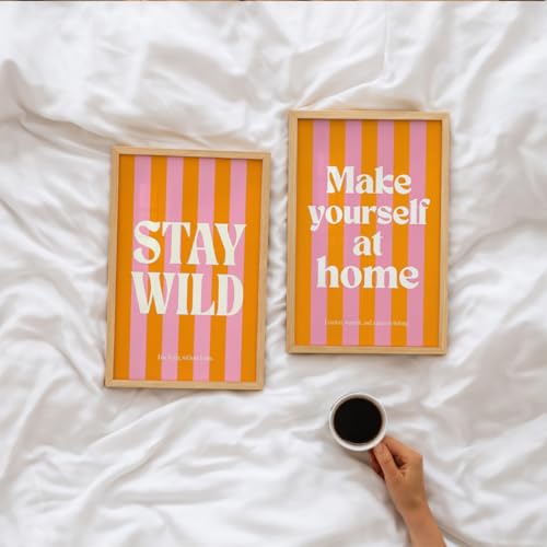Image of Suneree Stay Wild Make Yourself At Home Wall Art Set of 2 Framed Paintings | Orange Pink Retro Typography Poster | Bedroom Living Room Home Decor (Art 8, 13x19 Inches)