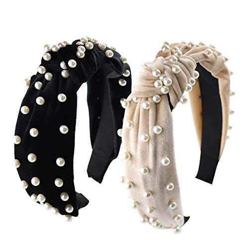 2 Pack Women Headband Pearl Velvet Wide Turban Knot Headbands for Girl Vintage Head Wrap Elastic Hair Hoops Fashion Hair Accessories