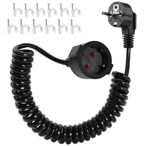 Schutzkontakt Spiralverl&auml;ngerung 2M, Schuko Verl&auml;ngerungskabel Spiralkabel Verl&auml;ngerung dehnbar von 0.75m auf 2m, 3680W Spiralleitung Kabelstecker Spiral Kabel mit Schuko Stecker & Kupplung,Schwarz ﻿