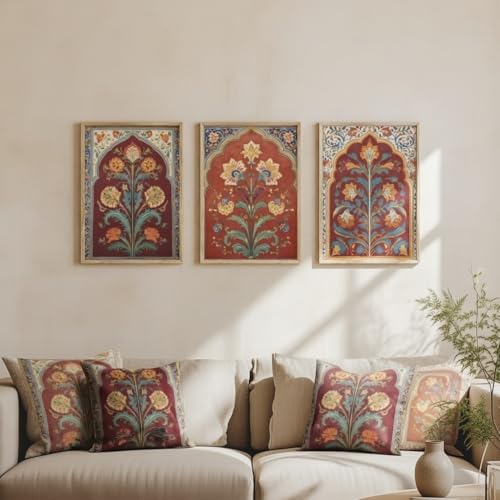 Image of Livin'luxe Set of 3 Traditional Red Floral Wall Art Premium MDF Wooden Color Framed Sparkle Lamination Printed Mughal Style Decorative Painting for Living Room Bedroom Home Decor