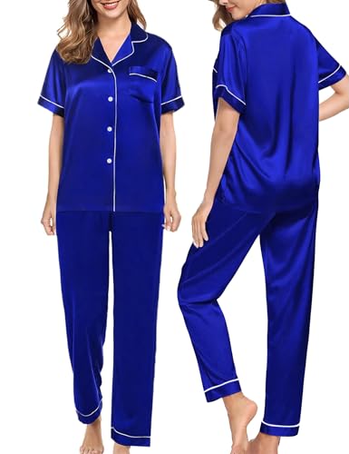 Image of SWOMOG Women Satin Pajamas Set Short Sleeve Top & Pants Sleepwear Silky Button Down Nightwear 2pcs Loungewear Pjs Set