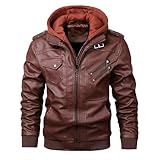 Snrtevu Connery - Hochwertige Lederjacke Herren, Lässige Biker Lederjacke aus Kunstleder für Herren mit abnehmbarer Kapuze (L,Braun)