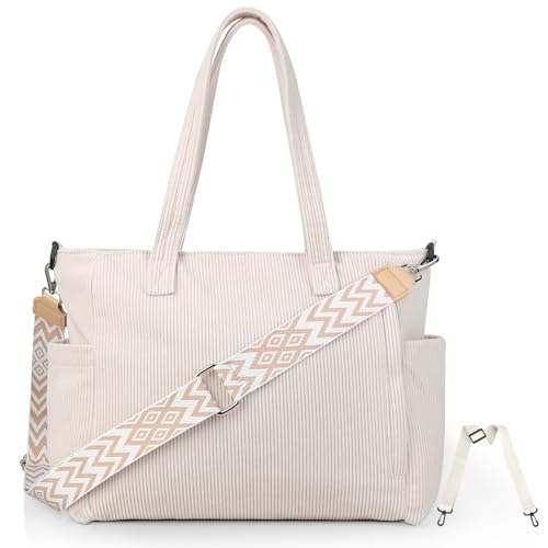 Cozary Shopper Tasche Damen Groß, Handtasche Damen Cord Tasche Tote Bag Cord Beuteltasche Stofftasche Crossbody Bag mit 2 Verstellbarem Schultergurt für Arbeit Reisen Einkaufen Schule College