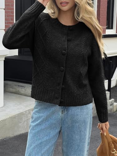 Saodimallsu Womens Cable Knit Cardigan Button Down Crew Neck Long Sleeve Loose Fall Trendy Sweater Coats