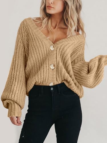 Image of PRETTYGARDEN Women's Chunky Knit Open Front Sweater Long Sleeve Button Loose Short Cardigan Outerwear Coats