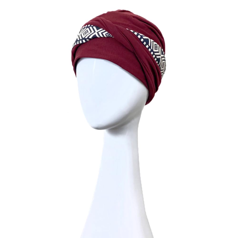 CAREBELL Turbante Oncológico Modelo Confort – Diseño Ikat Burdeos, Bambú Suave y Transpirable, Especial para Quimioterapia, Alopecia y Piel Sensible