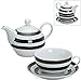 matches21 Tea for One Tee zestaw prezentowy nowoczesny design paski czarno-białe złote brzegi porcelana - dzbanek do herbaty, filiżanka i talerz
