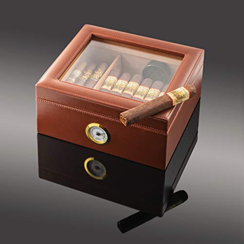 Amerigo Luxury Handcrafted Cigar Humidor - Leather Glass Top Cigar Box - Cigar Gifts for Men - Cigar Accessories - Humidor Humidifier with Cedar Core, Divider & Front Hygrometer - Holds 25-50 Cigars - Thumbnail 7