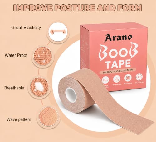 Image of Arano Boob Tape Kit (5cm Wide) for Breast Lift - Breathable Adhesive Sticky Bra Tape with 10 Nipple Covers | Invisible Push Up Support for Backless, Strapless & Deep Neck Dresses | Skin Tone Beige