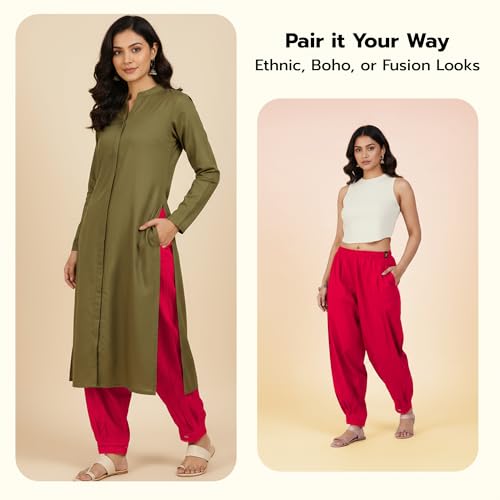 Image of Happy Bunny Women's Cotton Afghani Salwar with Lace Embroidery Detailing - Elastic Waist, Comfortable Loose Fit Bottoms for Casual, Ethnic