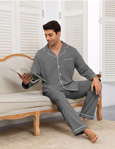Image of Veseacky Mens 100% Cotton Pajamas Set Long Sleeve Button Down Sleepwear Soft Loungewear Pjs with Pockets