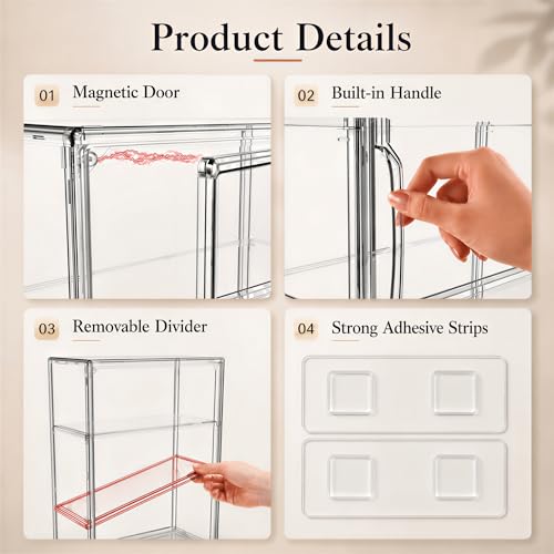 Image of Attelite Acrylic Display Cases for Collectibles, 4 Pack 3 Layer Clear Display Case with Magnetic Door,Dustproof Clear Showcase with 2 Adjustable Divider Storage Box for Action Figure