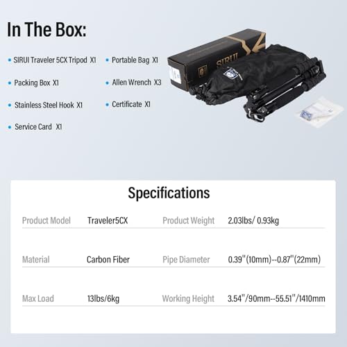 SIRUI Lightweight Carbon Fiber Travel Tripod, 52" Compact Camera Tripod with 360°Ball Head Kit, Detachable Center Column, Max Load 13.23lbs/6kg, Traveler 5CX