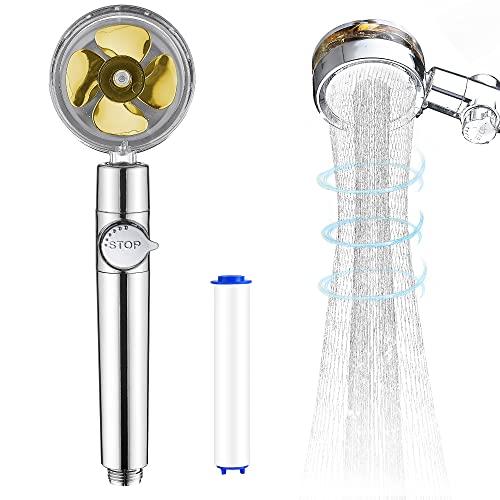 VEHHE Alcachofa de ducha, ducha de alta presión con filtro, 3 tipos de chorro, giratorio 360°, ahorro de agua y cabezal de ducha duradero con soporte y botón de ajuste para baño y spa, color dorado Cover