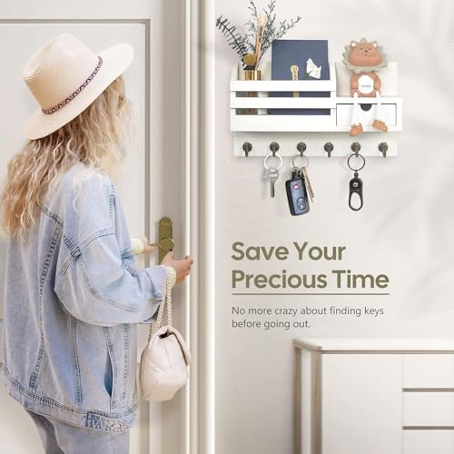 Image of Wooden Wall Mounted Key Holder with Hooks and Organizer Shelf Wall Rack for Letters Wallets and Accessories Home and Office Wall (White, Drawer Organizer)