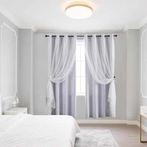 Image of Anytime Double Layer Blackout Curtains 2 Panels,52Wx84L,Greyish White | Sheer And Fabric Window Drapes Grommet Top Solid Color Bedroom Living Room Home Decor