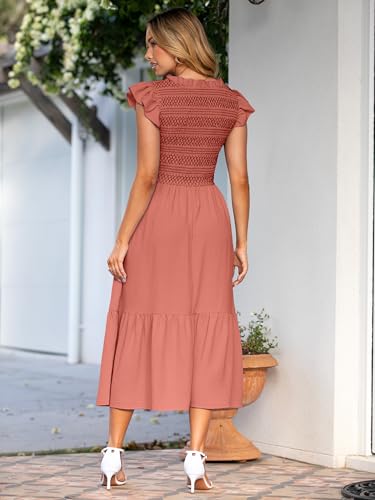 Image of Simplee Womens Summer Midi Dress Casual Boho Smocked Waist Flutter Sleeve A Line Flowy Tiered Dress with Pockets