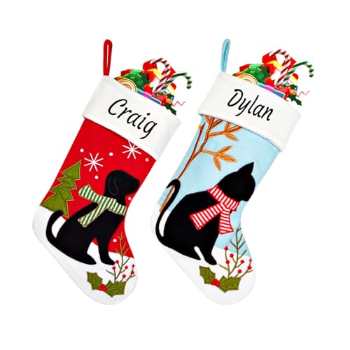 Personalized Christmas Stockings for Dogs Cats, Custom Pet Christmas Stockings with Embroidered Name, Red Blue Dogs Cat Xmas Stockings for Holiday Decoration (4 Pcs)