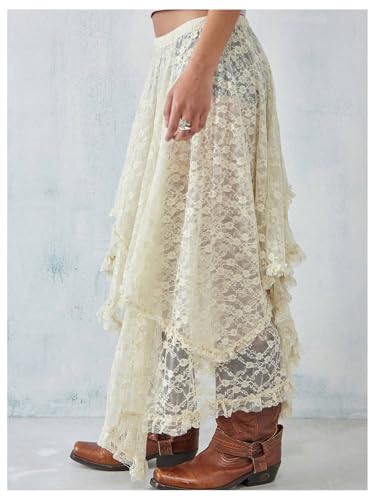 Verdusa Women's Boho Western Asymmetrical Lace Long Skirt Sheer Ruffle Skirts4