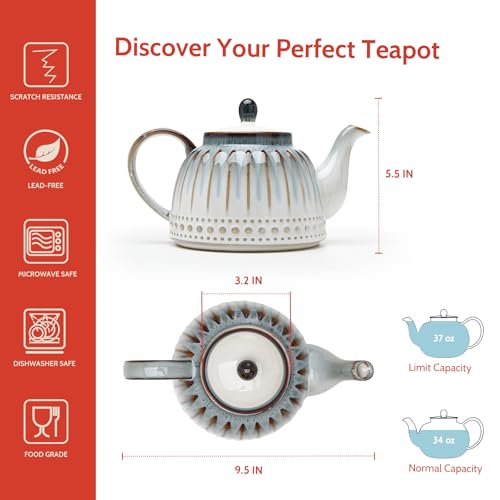 Sweese Ceramic Teapot with Beaded Retro Floral Glaze, 1100ml/37 oz Large Tea Pot for Loose Leaf or Tea Bags, Serves 4 Cups, Nebula Blue - Image 2