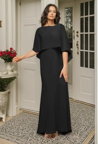 Chiffon Mother of The Bride Dresses for Wedding Long Mermaid Formal Evening Gowns with Cape Sleeves3