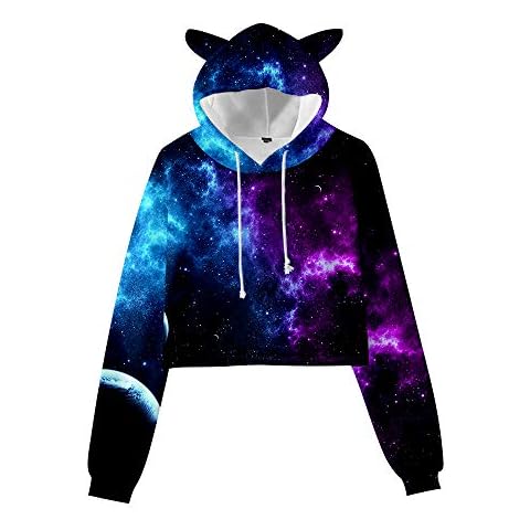 Sweatshirt Hip Hop 3D Galaxy Print Crop Top Long Sleeve Women Tartan Plaid Hoodie with Cat Ears Pullover Harajuku Sweater Autumn Winter Blouse Tunic Jersey Shirt Cropped Jumper Girl E299323T45M Cover