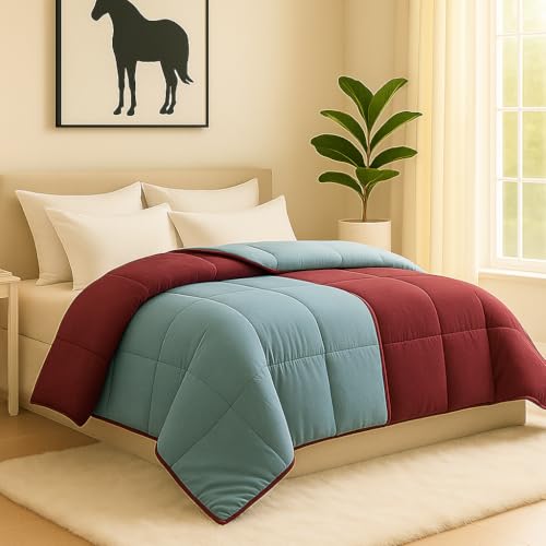 Image of Bed Comforter - Double Size - Red and Light Blue - 300 GSM Quilt Blanket Rajai - Winter Warm Down Alternative Duvet Insert with Corner Ties