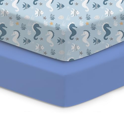 Image of Crib Sheets 2 Pack, Fitted Crib Sheet for Standard Crib Mattress 28x52x9, Ultra Soft Jersey Knit, Breathable Stretchy Deep Pocket, Snug Fit Stays Put, Baby Crib Mattress Sheet