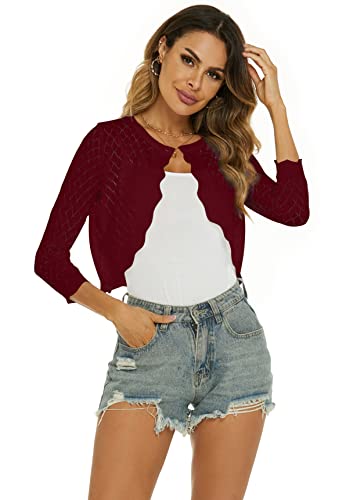 Ietaoo Boléro Femme Gilet Cardigan Court Elégant Manches 3/4 Veste Boléro Tricot Léger pour Robe Vin Rouge L
