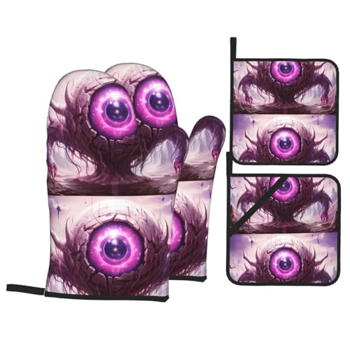 YYHHAOFA Juego de cocina con patrón de ojos gigantes, guantes de horno, traje de cuatro piezas grueso y aislado