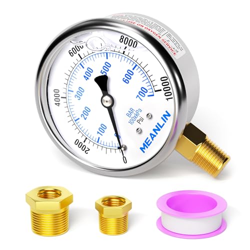 MEANLIN MEASURE 0~10000Psi Stainless Steel 1/4" NPT 2.5" FACE DIAL Liquid Filled Pressure Gauge WOG Water Oil Air Lower Mount, with 1/2" NPT and 3/8" NPT Hex Bushing