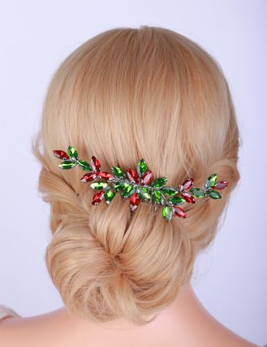 Teyglen Crystal Bride Wedding Hair Comb Red and Green Rhinestone Headpiece for Christmas Party Prom Bridal Crystal Hair Side Comb Decorative Hair Accessories for Women Bride Girls (Gold)