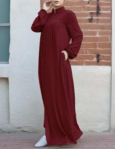 Image of Womens Abaya Muslim Long Sleeve Front Zipper Dress Prayer Islamic Clothes with Pockets