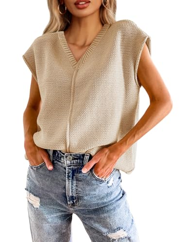 Saodimallsu Womens Summer Cap Sleeve Tops V Neck Casual Loose Fit Knit Lightweight Going Out Sweater Pullover Top Khaki