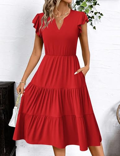 Image of ZEAGOO Womens Summer Casual Dresses Ruffle Sleeve V Neck Midi Dress Flowy Tiered Dress with Pockets Boho Sundresses